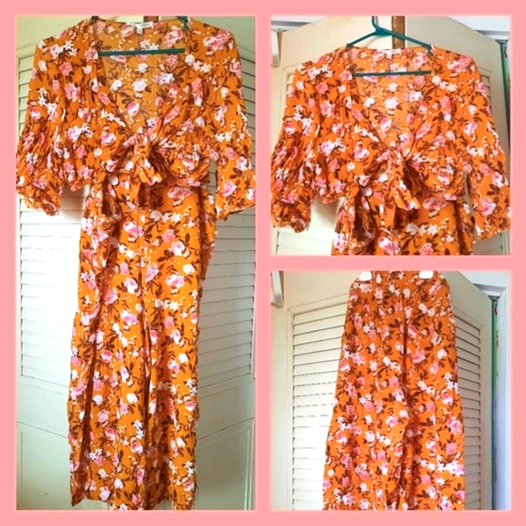 Riley & James Pants - RILEY & JAMES Junior XL Yellow Mustard Pink Roses Floral Top & Pants Set